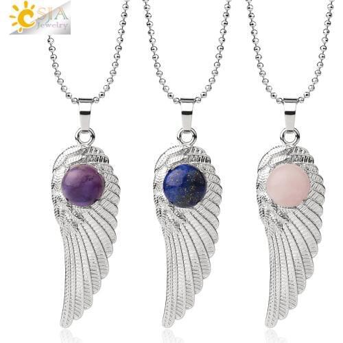 CSJA Silver Color Wing Pendants Necklaces Natural Stone Cabochon Healing Crystal Pink Quartz Lapis Charm Jewelry Female Men G497
