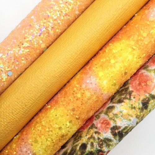 YELLOW Glitter Fabric, Flowers Faux Leather Fabric, Mermaid Synthetic Leather Sheets For Bows A4 8"x11" Twinkling Ming XM236