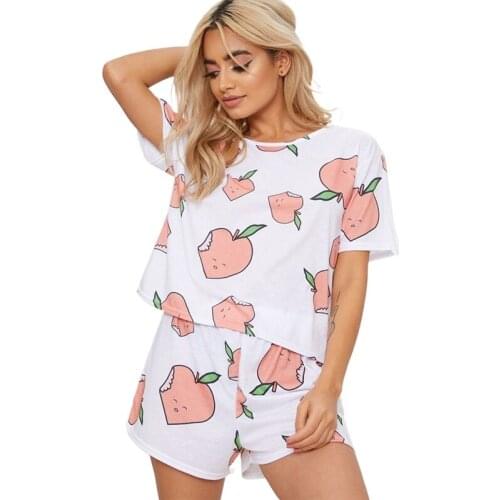 2pc/1set Summer Womens Short Sleeve Shirt + Pants Pajama Set Peach Printed Sleepwear Fashion T-shirt and Shorts Set