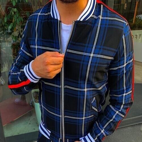 Autumn Tracksuit Plaid Men Gentleman Zipper Jackets Sweatshirt Fashion High Street Jacket Casual Stand High quality Collar top