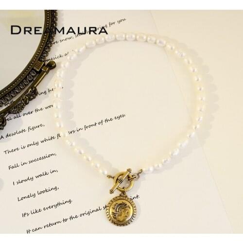 Hot Selling Vintage Freshwater Pearl Natural Pearl Gold Ox Coin Pendant Necklace For Women
