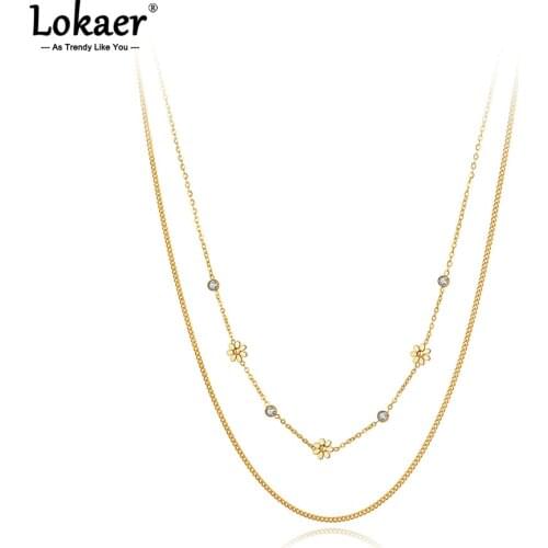 Lokaer Goth Double Layer Stainless Steel Daisy Flower Charm Pendant Necklace Bohemia CZ Crystal Choker Necklace For Women N21091