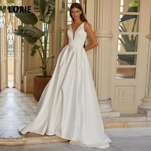 LORIE Elegant Wedding Dresses with Pockets A-Line Satin V-Neck Satin Wedding Gowns Custom Made Bride Dress vestido de noiva 2020