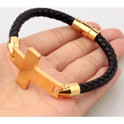 6mm New Arrive 316L Stainless Steel Gold Color Cross Crucifix Biker Jewelry Black Leather Wristband Mens Bracelet Bangle 8.26"