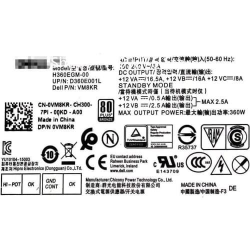 Original PSU for Dell 3668SFF 3050MT 7050MT power supply H360EGM-00 6PIN+4PIN+6PIN