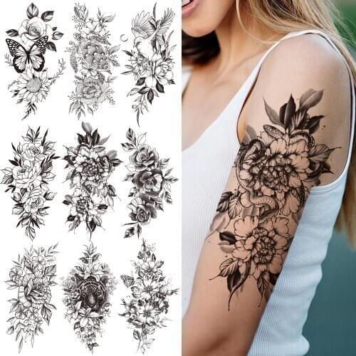 Sexy Flower Temporary Tattoo For Women Girl Fake Butterfly Dahlia Peony Tattoos Sticker Blossom Sweatpea Black Waterproof Tatoos