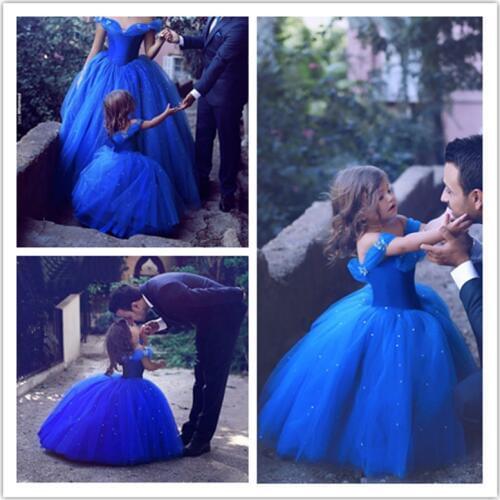 Princess Flower Girl Dresses For Wedding Blue Tulle Child Party Birthday Dress Girls Floor Length Pageant Cap Sleeve Kids Gown