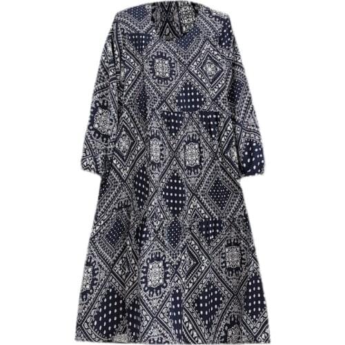 Women Summer Loose Floral Print Dresses Ladies Long Sleeve Elastic Waist Dress Female Vestidos Brand Women Large Size Clothing