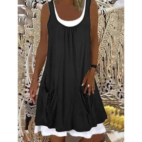 Round Neck Pleated Pocket Dress Summer Women Dress Female Casual New Knee-Length Sleeveless Dresses Loose Ladies Clothes 2021