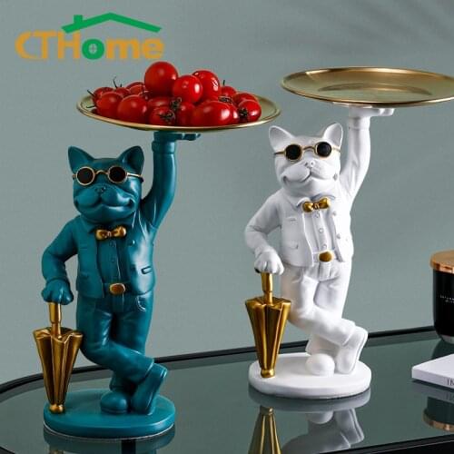 Nordic French Cool Bulldog Fashion Sculpture Dog Miniature Figurine Statue Table Decoration Gift With Plate Glasses Multifunctio