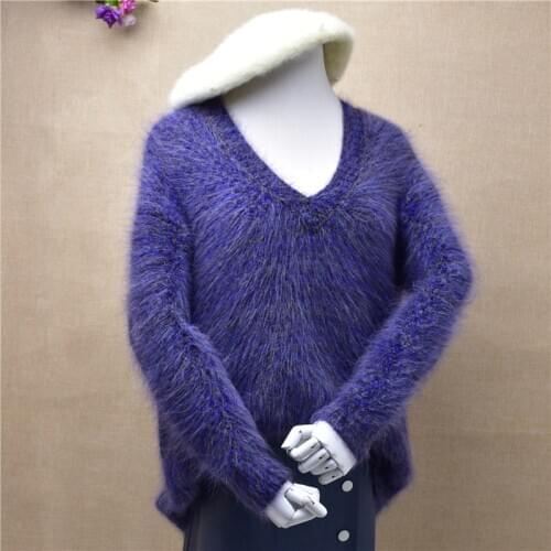 Top quality ladies sweater solid v-neck long sleeves soft angora rabbit fur knitted blouse baisc pullovers sweater female
