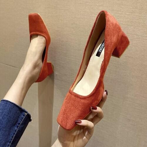 LLOGAI black/beige solid color med-high heels shoes woman flock chunky pumps single mules slip on shoes tacones mujer spring