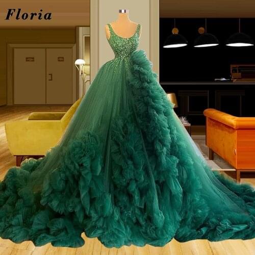 Floria Custom Made Green Ball Gown Evening Dresses Ruffle Quinceanera Gown Long Train Tulle Vestidos De 15 años 2021 Prom Dress
