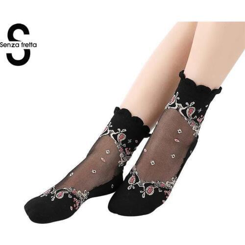 Women Lace Socks Summer Ultra-thin Transparent Lace Crystal Rose Flower Ankle Sock Women Girls Summer Short Socks NYY5432