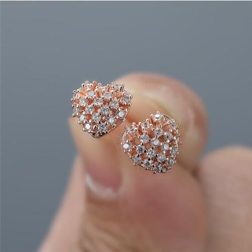 Female Luxury White Crystal Stone Earrings Cute Love Heart Small Wedding Earrings Rose Gold Silver Color Stud Earrings For Women