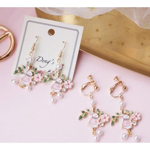 Romantic Sweet Rabbit Flower Pearl Drop Earrings ForWomen Fashion Cute Japan Style Ear Clip Jewelry Girl Gift