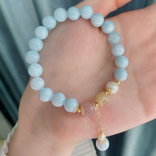 14k Gold Natural Aquamarine Crystal Bracelet Female Ins Niche Design Natural Strawberry Crystal Pearl Bracelet High-End Jewelry