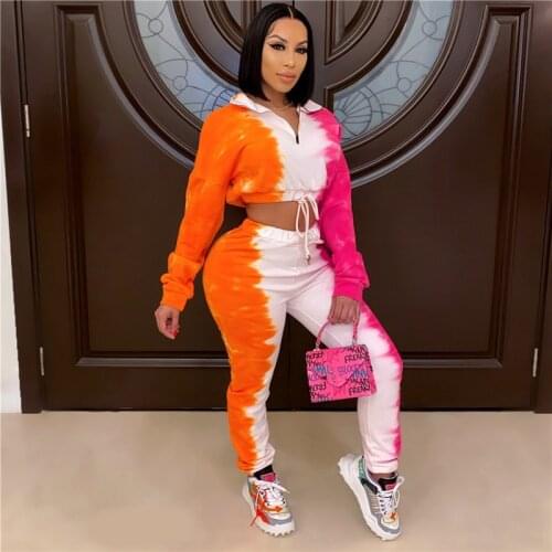 Womens Set Gradient Long Sleeve Lapel Tie Zip Up Sweatshirt Crop Tops High Waist Tight Trousers Patchwork Sportswear