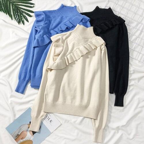 Women Ruffles Turtleneck Knitted Sweater Hollow Out Long sleeve Stretchy Solid Pullovers Female Soft Warm Casual Slim Top Jumper