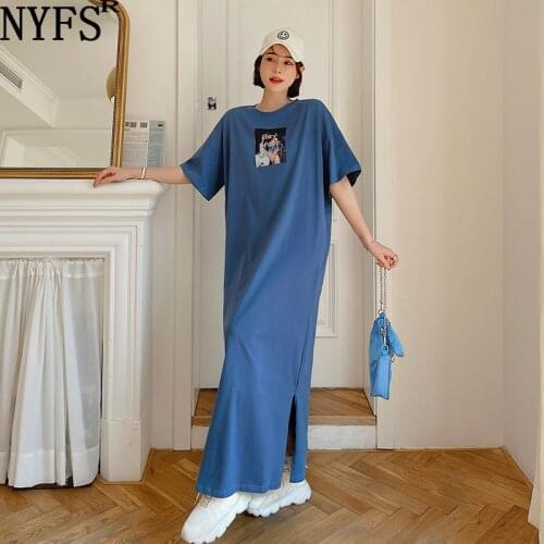 NYFS 2021 Korean New Long Dress Loose Printing Hem Split Woman Dress Vestidos Robe Elbise Summer Dress