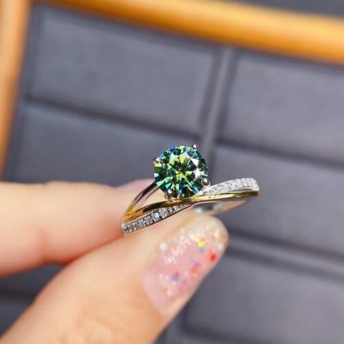 Classic 925 Sterling Silver Gold Plated Pass Diamond Tester Brilliant Cut 1 Carat Green Moissanite Wedding Ring Women Jewelry
