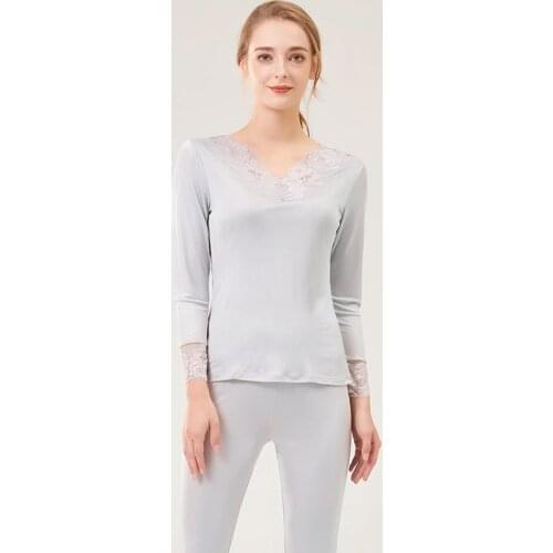 Women Autumn Winter Silk Long Johns Lace V neck Solid Knitted Thermal Underwear 2019