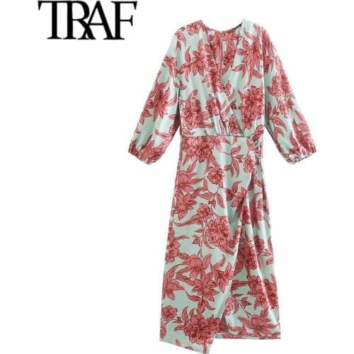 TRAF Women Fashion With Knot Floral Print Crossover Midi Dress Vintage V Neck Three Quarter Sleeve Female Dresses Mujer