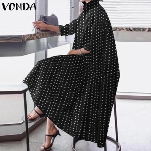 Women Shirt Dress VONDA 2021 Autumn Long Sleeve Vintage Polka Dot Asymmetric Maxi Dresses Plus Size Party Bohemian Vestidos