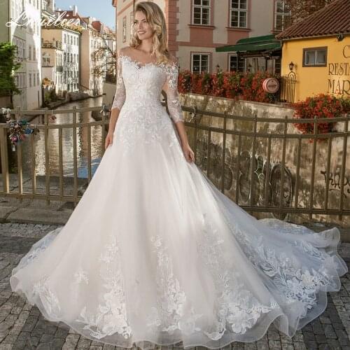 Lhuilier Womens A-line Lace Appliques Wedding Dresses 2021 Floor Length 3/4 Sleeves Court Train Tulle Bridal Gowns