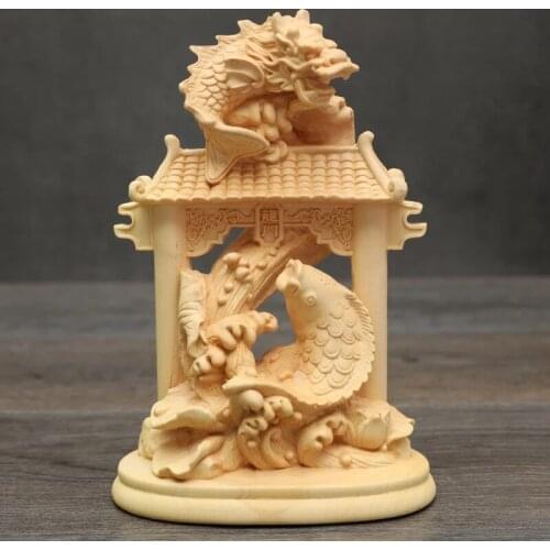 15cm Carps Jumping Over The Dragon Gate Sculpture Boxwood Carved Prosperity Feng Shui Statue Animal Home Decor