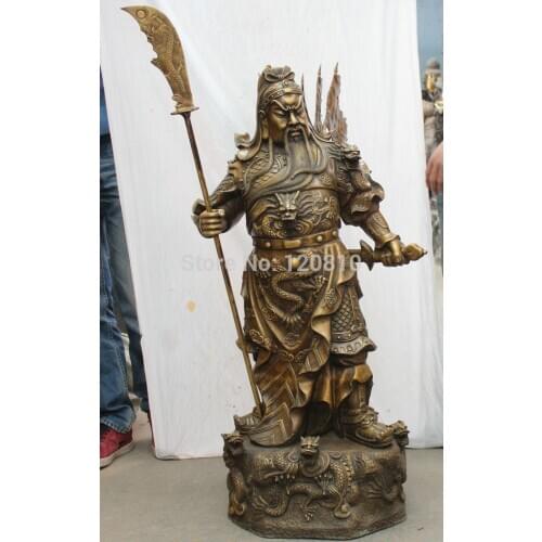 44" Chinese Copper Guan Gong Yu Warrior God Sword knight Dragon flag Statue