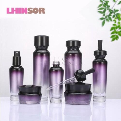5pcs/lot High-grade Purple Gradient Glass Lotion Bottle Dropper Bottles Cream Jar Press Pump Cosmetic Set Packaging Container