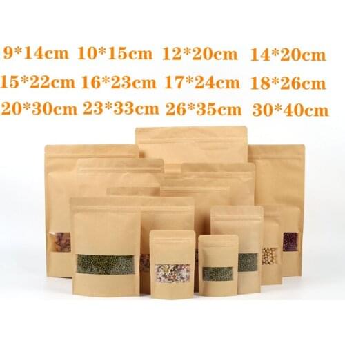 50pcs brown kraft paper bag window zipper bag reuse self-sealed candy bread bag cookie coffee bean food packaging