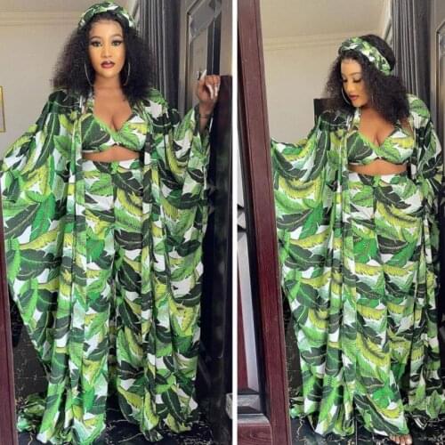 African Clothes For Women 2 Piece Sets With Bra Turbans Outfits Summer New Dashiki Print Beach Sexy African Cover Up Pant Suits