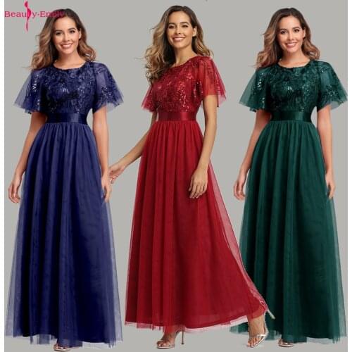 Beauty-Emily 2020 O Neck Ruffles Evening Dresses Long Sequins Elegant Formal Gowns Party Prom Dress Pleated Tulle robe de soiree