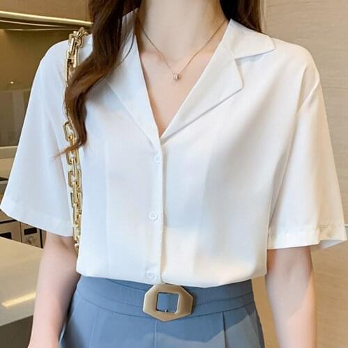 Blouse Women Blouses Top Femme Short Sleeve Tops Women Blusas Mujer De Moda 2021 Verano V-Neck Chiffon White Blouse Shirt E796