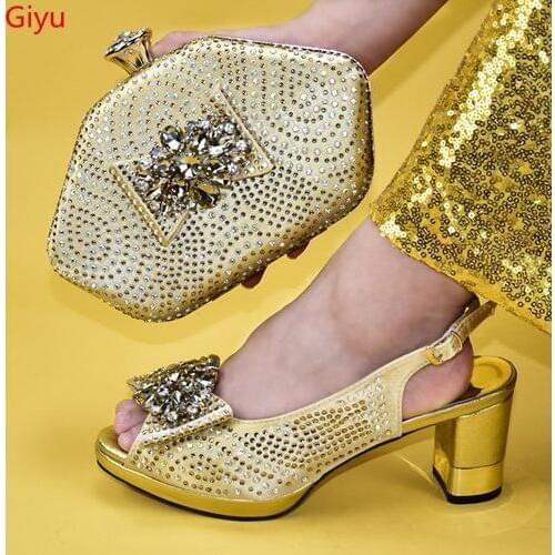 Doershow nice looking African Wedding Shoes and Bag Set gold Color Italian Shoes with Matching Bags Nigerian Women party!HLC1-20