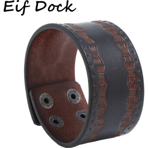Eif Dock New Fashion Men Wide Genuine Leather Bracelet Brown Wide Cuff Bracelets & Bangles Vintage Punk Wristband Men Jewelry