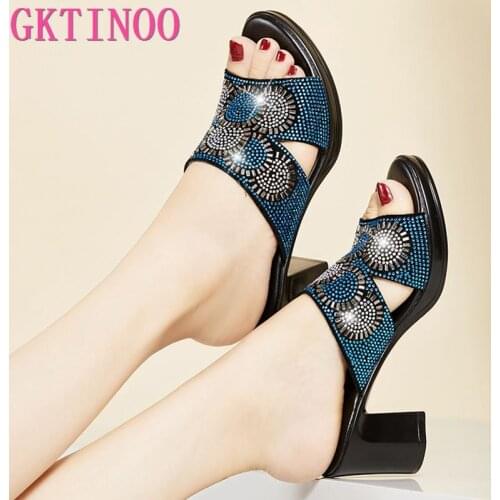 GKTINOO Women Slippers 2021 Ladies Summer Slippers Genuine Leather Shoes Women High Heels Fashion Rhinestone Summer Shoes