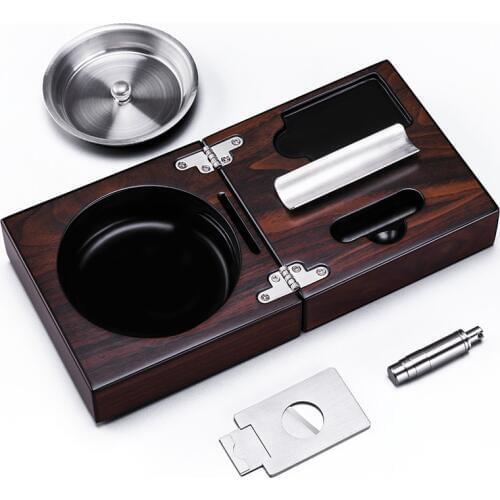 Nice Portable MirageBlack Folding Stainless steel Smoke Slot Soild Wood Cigar Ashtray with Cigar Cutter Cigar Punch CE-1205