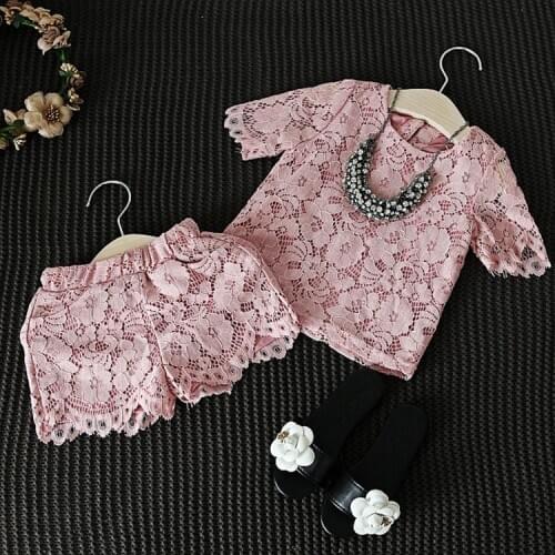 Baby Girl Clothing Set Summer 2019 Lace Floral Short Sleeve Pink T-Shirt Lace Shorts Clothes for 2 3 4 5 6 7 8 Year