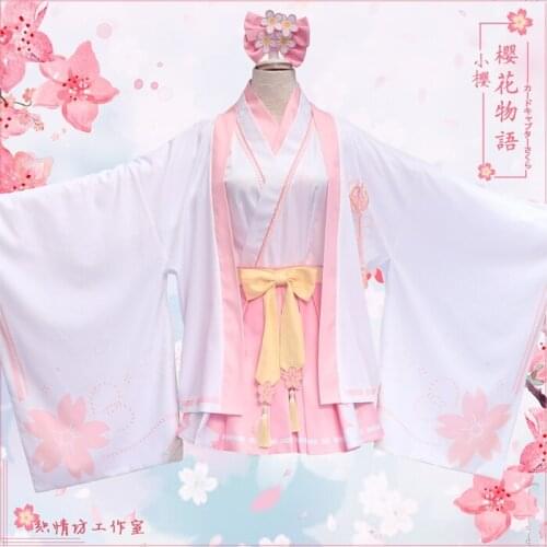 Anime Cardcaptor Kinomoto Sakura Cosplay Costume Cherry Lovely Kimono Uniform Halloween Fancy Dress For Women
