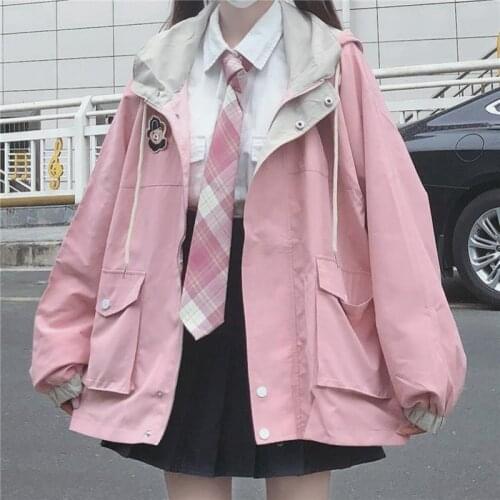 MRWILK 2021 Japanese Kawaii Zipper Pink Woman Jacket Korean Color Matching Winter Clothes Loose Cute Female Tops Coat