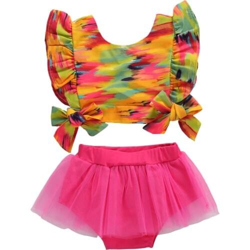 Summer Lovely Baby Girls Clothes Sets Ruffles Short Sleeve Tie-dye Print T Shirts Tops+Lace Shorts 2pcs