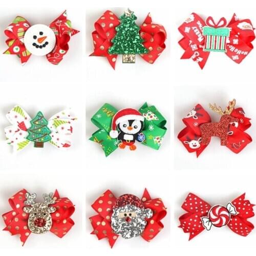 Small Christmas Print Hair Bows Cute Glitter Elk Accessories Hair Clips For Kids Festival Gift Snowman Hair Accessories