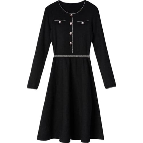 PERHAPS U Black Knitted O Neck Button Long Sleeve Mini Dress Solid Sexy Elegant D1358