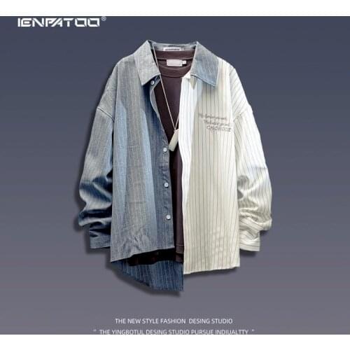 2021 New Mens Shirts Trend Asymmetric Long Sleeve Striped Shirt Short Sleeve Shirt Male Trend Handsome Retro Korean Mens Shirts