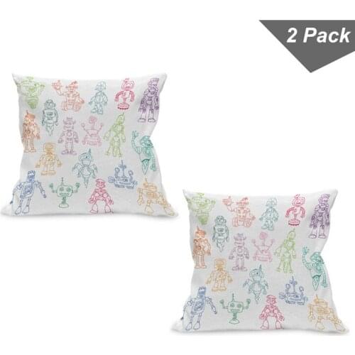 Robot Line Art Pillow Cushion Cover Pack of 2 Colorful Friendly Mechanics Zippered Double-Sided Accent for Living Room