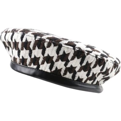 New Autumn Winter Houndstooth Plaid Beret Hats For Women French Black Red Berets