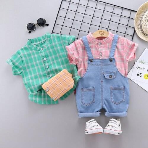 Baby Boys Clothes Summer Children Cotton plaid Gentleman Shirts denim overalls 2Pcs/sets Infant Kids Fashion Toddler Tracksuits